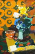 DONALD MCINTYRE oil on board - interior, entitled verso 'Still Life with Flowers', circa 1970,