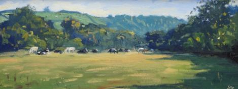 THOMAS HASKETT oil on board - landscape with cows entitled verso 'Cows at Llawhaden', signed with