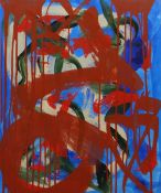 MAURICE COCKRILL oil on canvas - abstract in red, green, blues and cream, signed verso, 60 x 50cms