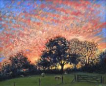 THOMAS HASKETT oil on board - landscape with trees and sheep, entitled verso 'Autumn Sunset', signed