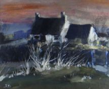 LEONARD BEARD oil on card - cottage at sunset, signed with initials, 23 x 29cms Provenance:
