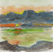 WILF ROBERTS watercolour and pencil - view across farmland with mountains in background, signed in