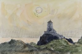 SIR KYFFIN WILLIAMS RA mixed media - Ynys Mon (Anglesey) coastal sunset with Twr Mawr lighthouse