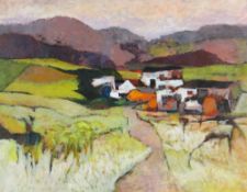 JOHN ELWYN acrylic on paper - landscape, entitled verso on Ash Barn Gallery label, 'Mid Wales Farm',