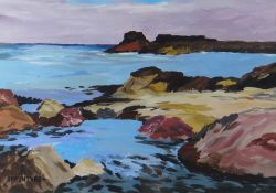 SION MCINTYRE oil on paper - coastal scene with rocky outcrop, entitled verso on Albany Gallery
