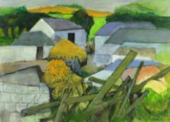 JOHN ELWYN gouache and acrylic on paper - whitewashed barns, circa 1978, signed, 26.5 x 36cms