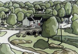 ALAN WILLIAMS acrylic - road bridge and cottages, entitled verso 'Little Mill, Dyfed', signed, 25