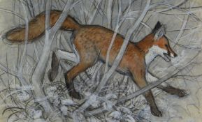CHARLES FREDERICK TUNNICLIFFE OBE RA preliminary drawing in mixed media - fox in undergrowth, 43 x