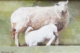 KEITH BOWEN oil on canvas - ewe with feeding lamb, signed and dated 1990, 20 x 29.5cms Provenance: