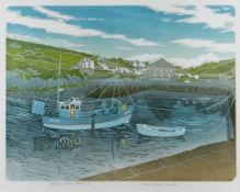 BERNARD GREEN limited edition (7/30) linocut - entitled in pencil 'Porthgain Harbour, Pembs', signed