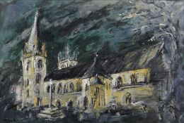 MATT STEELE oil on canvas - view of Llandaff Cathedral from the South, signed, 50 x 73cms