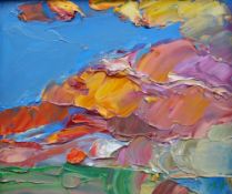 MIKE MONAGHAN oil on board - abstract skyline with cloudy sunshine, signed, 20 x 23cms Provenance: