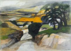 JOHN ELWYN watercolour - expansive landscape with downward sloping road and trees on a bank, signed,