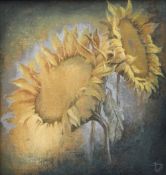 BRYAN JONES acrylic on canvas - two sunflower heads, entitled verso on Attic Gallery label '