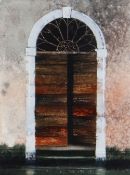 NAOMI TYDEMAN watercolour - wooden doorway on Venetian canal, signed, 22 x 17cms Provenance: private