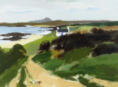 DONALD MCINTYRE acrylic - whitewashed cottage in landscape, entitled verso 'Holyhead Mountain',