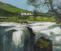 HYWEL HARRIES oil on board - view of Fferm Pwll Bo near Llanwrtyd Wells with Afon Irfon (River