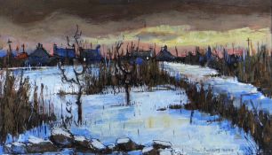 WILF ROBERTS acrylic - entitled verso on Attic Gallery Swansea label 'Snow, Isle of Anglesey',