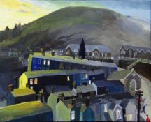 NICK HOLLY oil on canvas - village terraces at dusk, with two red shirted children and two others