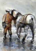 VALERIE GANZ mixed media - colliery-worker with pony, entitled verso on Attic Gallery Swansea