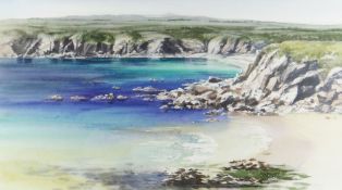 NAOMI TYDEMAN watercolour - view over cliff top at Barafundle Bay, signed, 30 x 53cms Provenance: