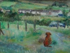 EDWARD LEWIS (1936-2018) oil on canvas - seated dog looking across the valley, entitled verso '
