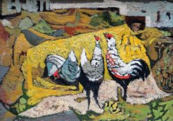 JOHN ELWYN oil on board - colourful chickens in a farmyard with buildings in the background,