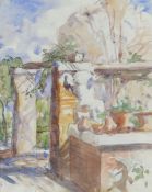 SIR FRANK BRANGWYN RA watercolour and ink on note paper - title verso 'Colonnade with Pots and