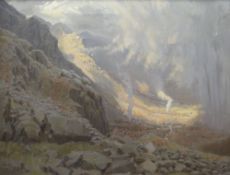 DAVID WOODFORD oil on canvas - southern Eryri landscape with gorse fires below the crags at Craig