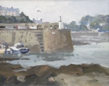 GARETH THOMAS oil on board - Welsh harbour scene, entitled verso 'Cemaes Bay', signed, 23.5 x