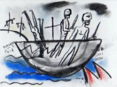 IWAN BALA pastel - satirical illustration relating to the loss of Welsh language, signed and dated