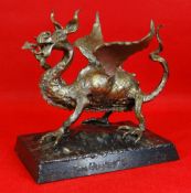 TOM HUGHES bronze and steel sculpture - rampant dragon with one leg raised on a steel square base,