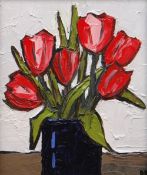 DAVID BARNES oil on board - still-life of tulips in a blue jar, signed with initials, 29 x 24cms