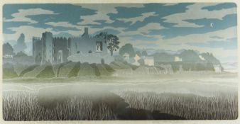 BERNARD GREEN limited edition (4/60) linocut - entitled in pencil 'Laugharne Castle & Dylan Thomas's