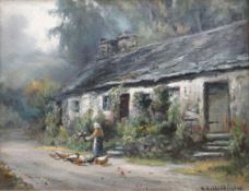 HENRY HADFIELD CUBLEY oil on canvas - figure feeding poultry beside Welsh cottage, entitled verso '