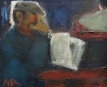 WILL ROBERTS oil on canvas - entitled verso 'Men With Newspapers', signed with initial lower left