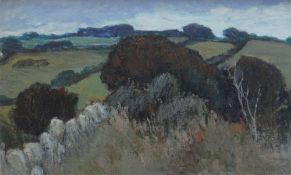 TOM GERRARD oil on board - Anglesey landscape, entitled 'Ffriddoedd', signed and dated verso 1966,