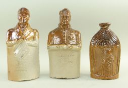 THREE DOULTON & WATTS SALT-GLAZED STONEWARE REFORM FLASKS comprising one modelled with characters '