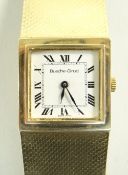 BUECHE GIROD 9CT GOLD GENTLEMAN'S WRISTWATCH, square enamel dial with Roman chapter ring,