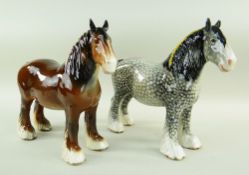 TWO BESWICK 818 SHIRE HORSES, rocking horse grey and brown, both early unmarked models with holes to