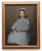 LATE 19TH CENTURY FRENCH SCHOOL oil on canvas - portrait of a girl in white cap and blue frock,