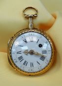LATE 18TH CENTURY DUFALGA GENEVA GOLD & ENAMEL OPEN FACE POCKET WATCH, gilt full plate fusee verge