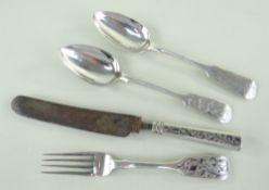 GROUP MID-19TH CENTURY RUSSIAN ENGRAVED SILVER FLATWARE, various makers and dates, including a