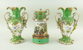 19TH CENTURY ENGLISH BONE CHINA VEILLEUSE & PAIR OF ROCOCO VASES, possibly Minton, teapot painted in