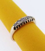 18CT GOLD FIVE-STONE DIAMOND RING, ring size N, 3.8gms, in black square ring box