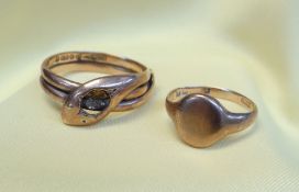 GOLD RINGS comprising 9ct gold snake ring and a 9ct gold signet ring, 7.8gms overall (2)