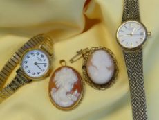 ASSORTED JEWELLERY & WATCHES comprising 9ct gold set carved cameo brooch, carved cameo brooch in