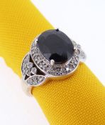 9CT GOLD SAPPHIRE & DIAMOND CHIP RING, ring size N, 4.6gms