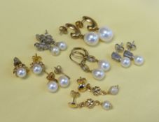 ASSORTED PEARL EARRINGS comprising seven pairs including diamond chip and 9ct gold