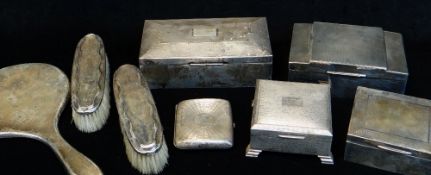 ASSORTED SILVER CIGARETTE BOXES, silver back brushes and mirror, comprising four table boxes and a